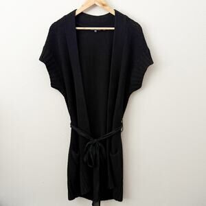 VINCE. | Black Long Line Cardigan with Tie Belt Cap Sleeve Oversized | Small